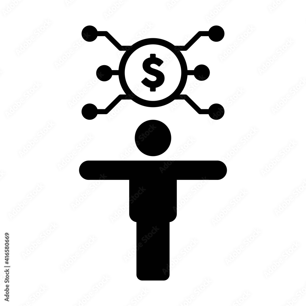 Digital dollar icon vector currency symbol with male person for currency transaction in a glyph pictogram illustration