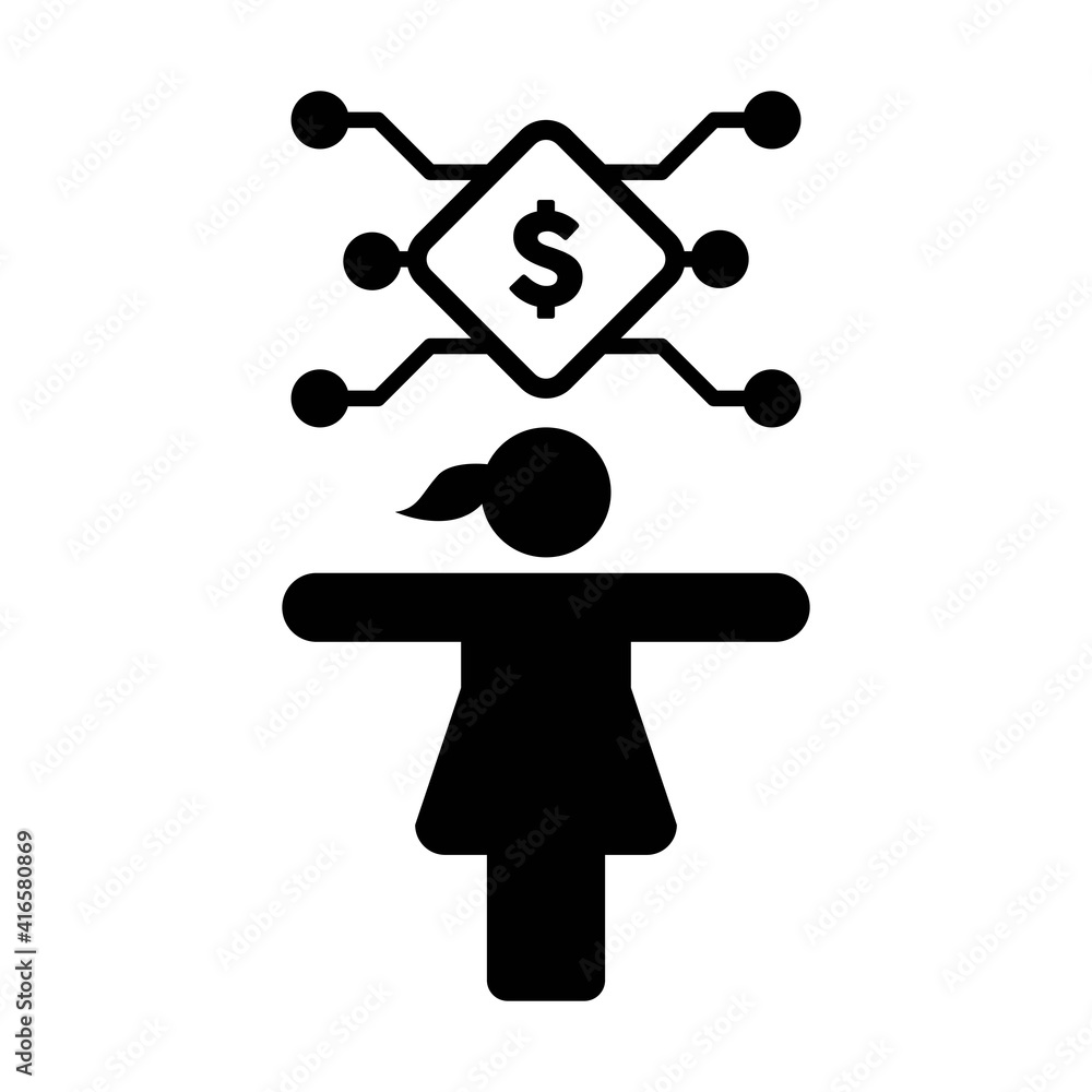 Market icon vector digital dollar currency with female person for digital wallet in a glyph pictogram illustration Market icon vector digital dollar currency with female person for digital wallet in a glyph pictogram illustration