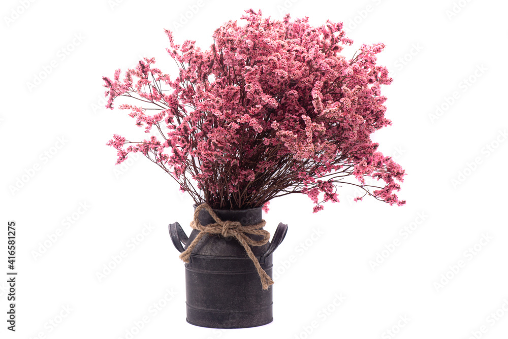 Dried flowers in a retro pot on a white background