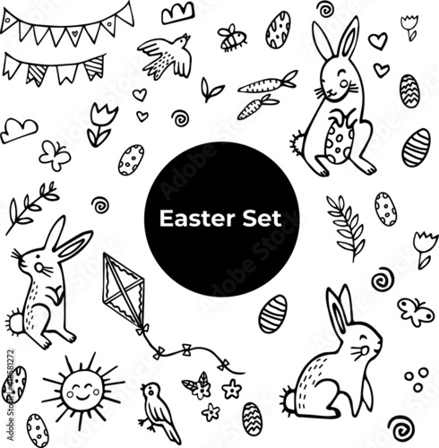 Cute doodle Easter set with herbs, bunny, eggs and other spring items. 
Hand drawn vector isolate on white background.