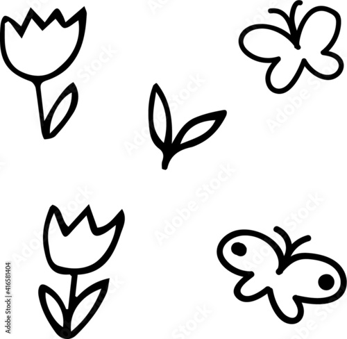 Decorative hand drawn doodles. Vector decoration ornament, flowers and butterfly.
Hand drawn vector isolate on white background.