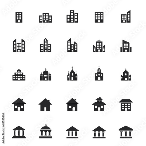 Building icon set. Building and estate symbol silhouette black collection. Vector isolated on white