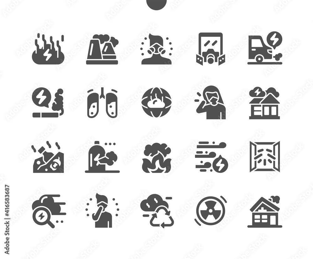 Air pollution. Respiratory mask. Garbage evaporation. Exhaust smoke from car. Planet, global, environment, factory, industrial, problem, smog and ecology. Vector Solid Icons. Simple Pictogram