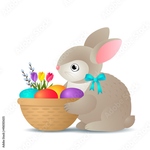festive easter banner with VBKSV easter bunny, basket, eggs, flowers, pussy willow and place for text.