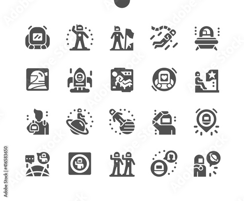 Cosmonauts. Astronaut on planet. Space rocket launch. Spaceship, spacesuit, astronomy, science, cosmos, technology, galaxy and galactic. Vector Solid Icons. Simple Pictogram
