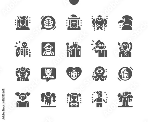 Fantastic characters. Fantasy, personage, person, cute, monster, mythology, magic and fairytale. Princess, wizard, cyclops, gnome, kraken and other. Vector Solid Icons. Simple Pictogram