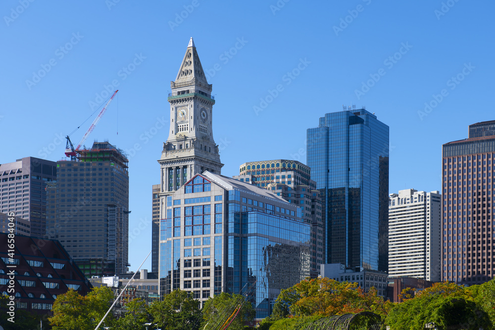 Boston financial district modern city skyline and Custom House at ...