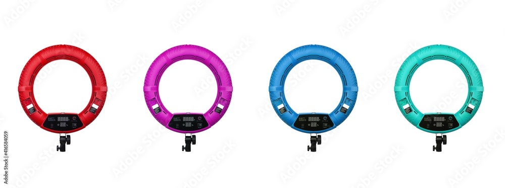 Closeup of circular neon LED lamp isolated white background. Popular modern light for make-up and beauty portraits. Closeup of circular neon LED lamp isolated white background. Popular modern light for make-up and beauty portraits.