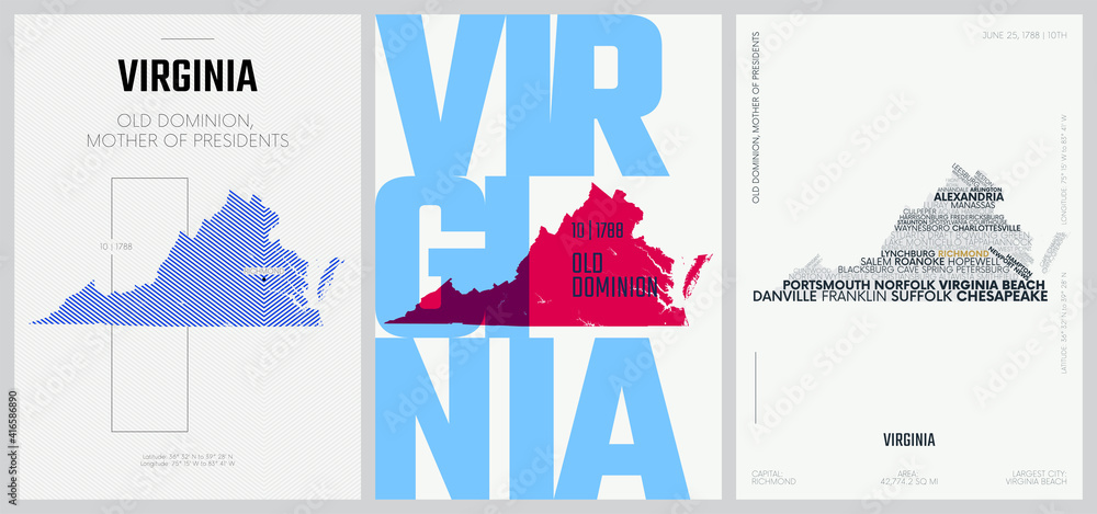 10 of 50 sets, US State Posters with name and Information in 3 Design Styles, Detailed vector art print Virginia map