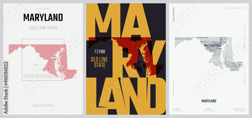 7 of 50 sets, US State Posters with name and Information in 3 Design Styles, Detailed vector art print Maryland map photo