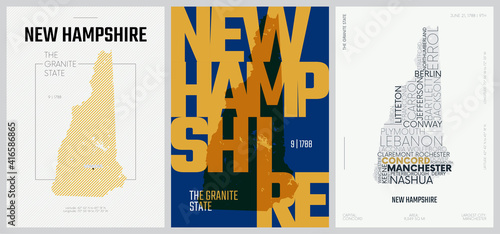 9 of 50 sets, US State Posters with name and Information in 3 Design Styles, Detailed vector art print New Hampshire map