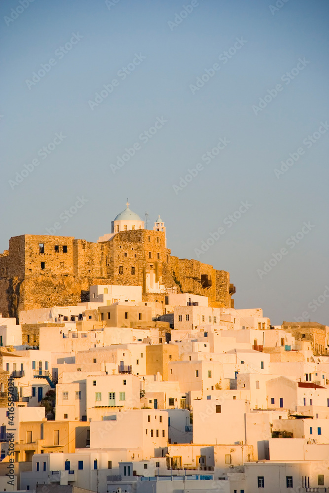 Chora (capital town) of Astypalaia island in warm afternoon light, in Dodecanese islands, Greece, Europe.