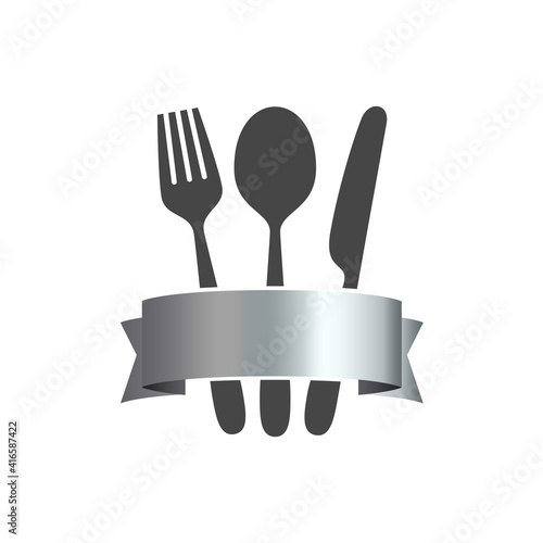 Cutlery vector icon. Fork, knife, tablespoon sign. Food emblem. Serving. Black silhouette on white background.