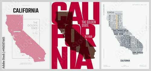 31 of 50 sets, US State Posters with name and Information in 3 Design Styles, Detailed vector art print California map