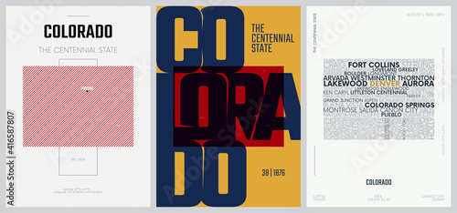 38 of 50 sets, US State Posters with name and Information in 3 Design Styles, Detailed vector art print Colorado map