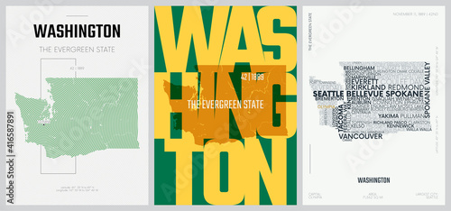 42 of 50 sets, US State Posters with name and Information in 3 Design Styles, Detailed vector art print Washington map