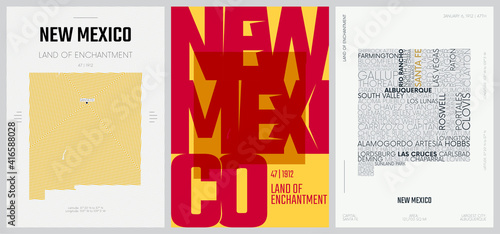47 of 50 sets, US State Posters with name and Information in 3 Design Styles, Detailed vector art print New Mexico map