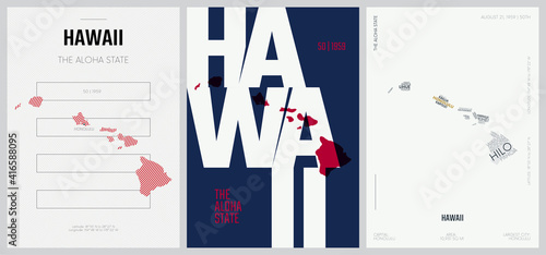 50 of 50 sets, US State Posters with name and Information in 3 Design Styles, Detailed vector art print Hawaii map