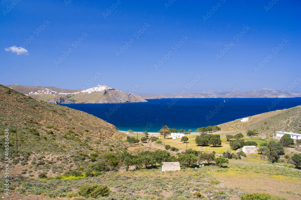 Panoramic view of rural landscape in Astipalea island, in Dodecanese islands, Greece, Europe