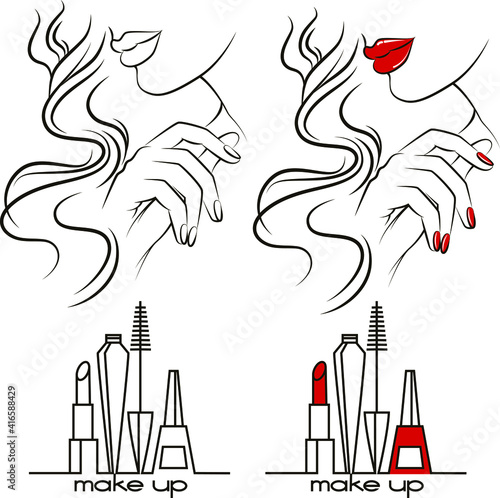 Vector line art set : part of young beautiful girl's face and female cosmetic. Long hair, neck, hand, manicure, pretty lips, lipstic, mascara, nail polish. Elements for design beauty salon.