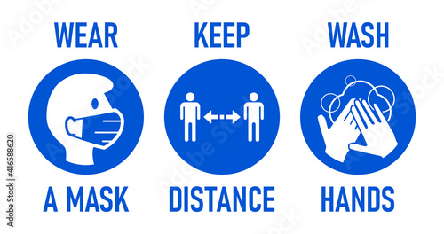 Wear a Mask, Keep Distance, Wash Hands Round Coronavirus Covid-19 Warning Icon Set. Vector Image.