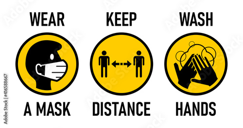 Wear a Mask, Keep Distance, Wash Hands Round Coronavirus Covid-19 Warning Icon Set. Vector Image.