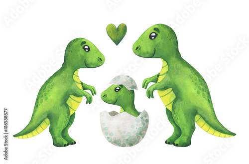 A family of green tyrannosaurs with a baby in its shell. Children s watercolor illustration on a white background. Dino clipart for decor  stickers  prints with historical animals