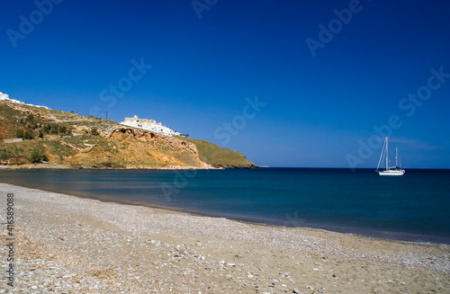 The beach of Livadi, in Astypalaia island, Dodecanese islands, Greece, Europe.