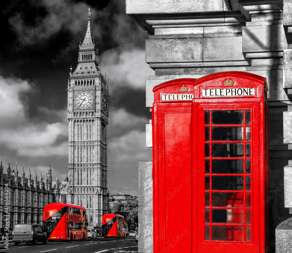 Obraz premium London symbols with BIG BEN, DOUBLE DECKER BUSES and Red Phone Booths in England, UK