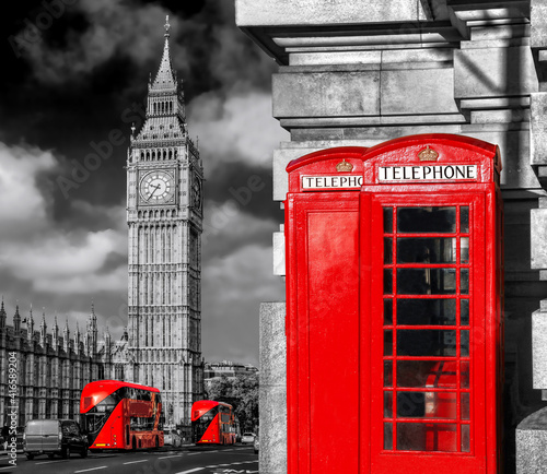 London symbols with BIG BEN  DOUBLE DECKER BUSES and Red Phone Booths in England  UK