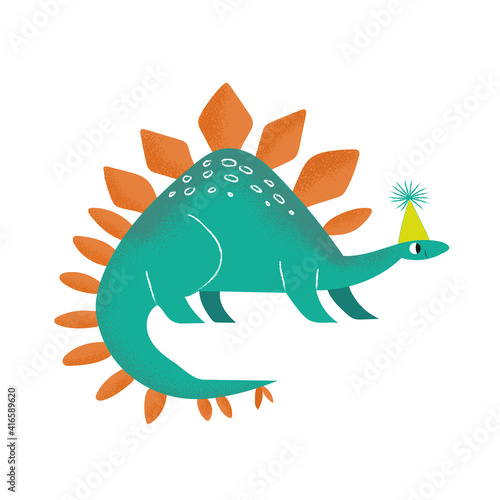 Cute dinosaur in flat style. Сharacter vector illustration in cartoon style. Funny dino. Baby design for birthday invitation or baby shower, poster and card. Textile print. Stegosaurus.