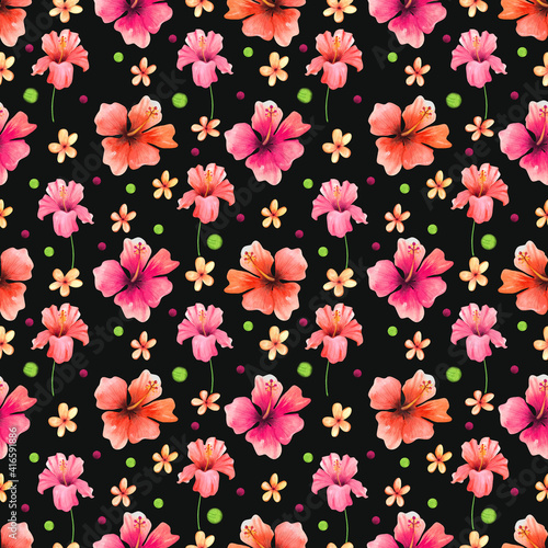 Tropical flowers and leaves. Hand drawn watercolour seamless pattern.