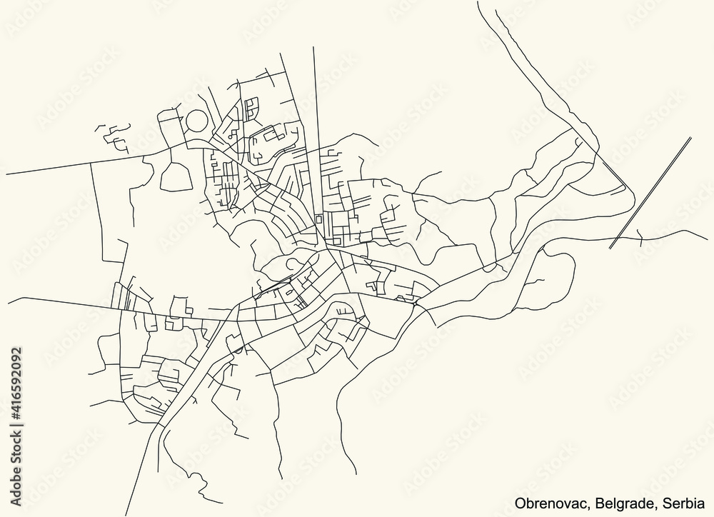 Black simple detailed street roads map on vintage beige background of the quarter Obrenovac municipality of Belgrade, Serbia
