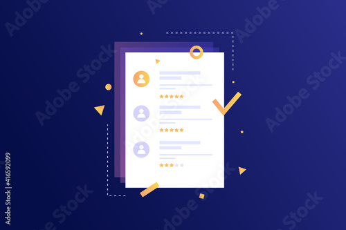 Resume-questionnaire with a selected candidate on blue isolated background. Concept of job search and selection of vacancies. Applying for a job, vector illustration.