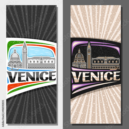 Vector vertical templates for Venice, decorative flyers with illustration of historical venice city scape on day and dusk sky background, art design tourist card with unique lettering for word venice.