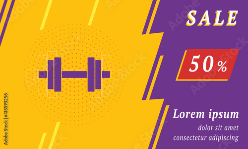 Sale promotion banner with place for your text. On the left is the dumbbell symbol. Promotional text with discount percentage on the right side. Vector illustration on yellow background