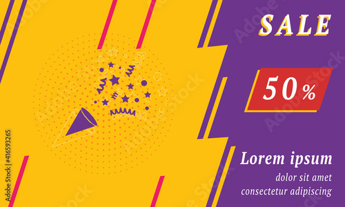 Sale promotion banner with place for your text. On the left is the exploding party popper. Promotional text with discount percentage on the right side. Vector illustration on yellow background © Alexey