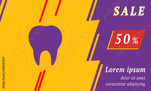 Sale promotion banner with place for your text. On the left is the tooth symbol. Promotional text with discount percentage on the right side. Vector illustration on yellow background