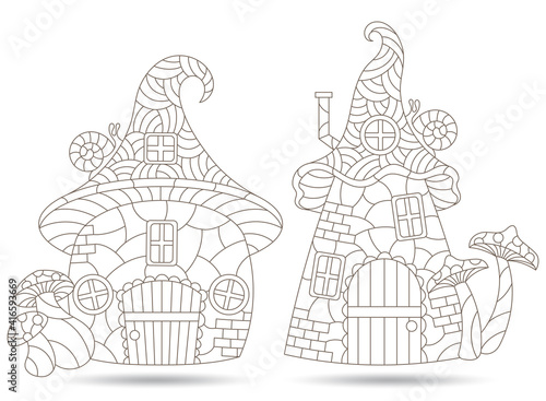 A set of contour illustrations in the stained glass style with cozy fairy-tale houses, dark outlines on a white background