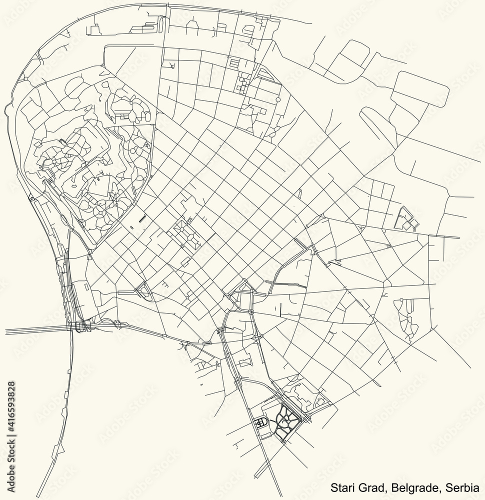 Black simple detailed street roads map on vintage beige background of the quarter Stari Grad municipality of Belgrade, Serbia