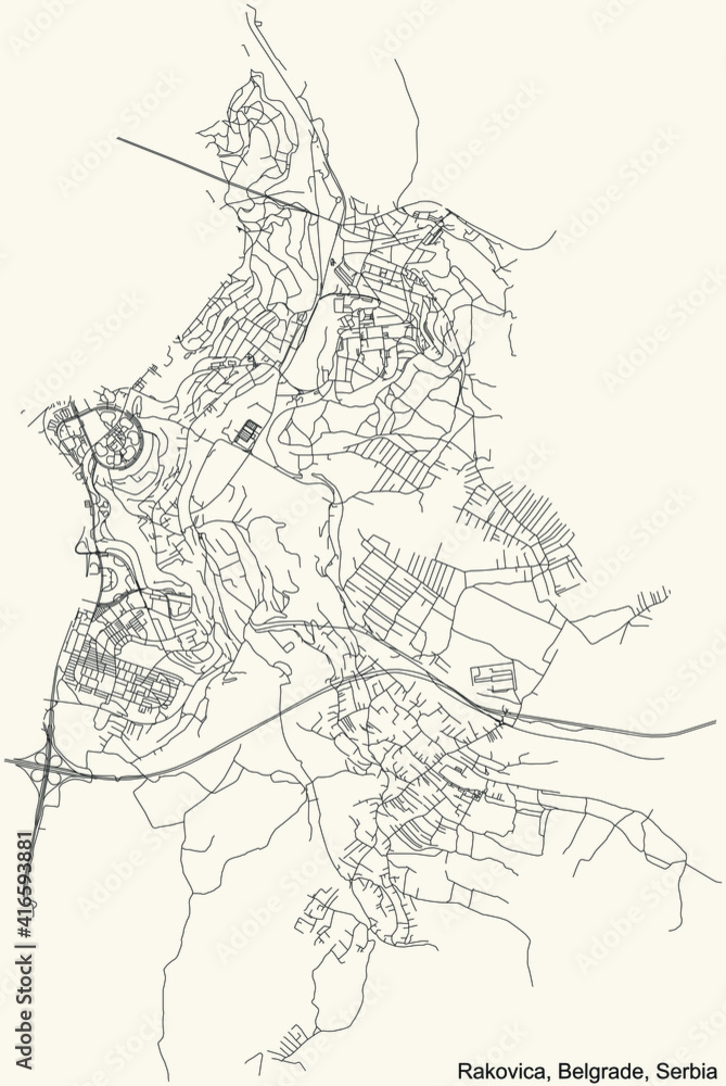 Black simple detailed street roads map on vintage beige background of the quarter Rakovica municipality of Belgrade, Serbia