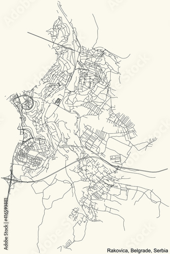 Black simple detailed street roads map on vintage beige background of the quarter Rakovica municipality of Belgrade  Serbia