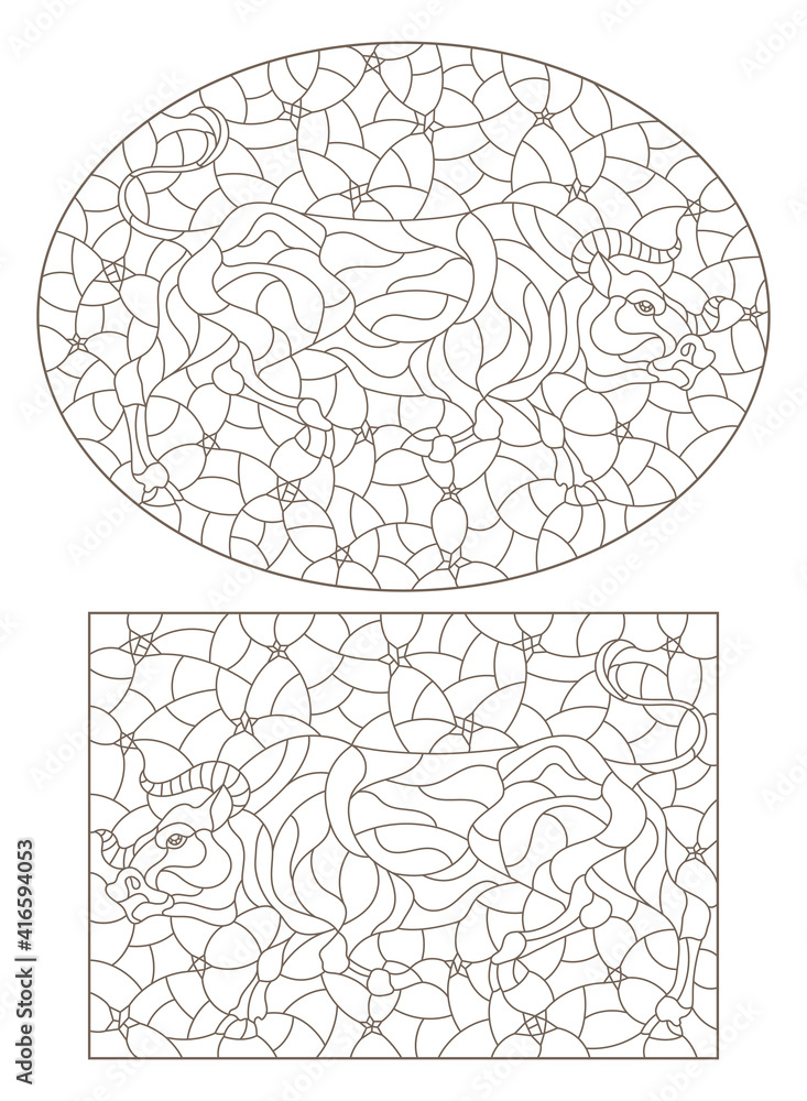 Set of contour illustrations in stained glass style with abstract bulls on a starry sky background, dark outlines on a white background Set of contour illustrations in stained glass style with abstract bulls on a starry sky background, dark outlines on a white background