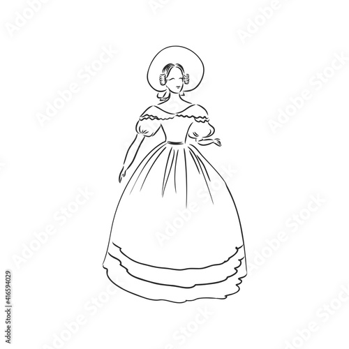 Antique dressed lady. Old fashion vector illustration. Victorian woman in historical dress. Vintage stylized drawing, retro woodcut style