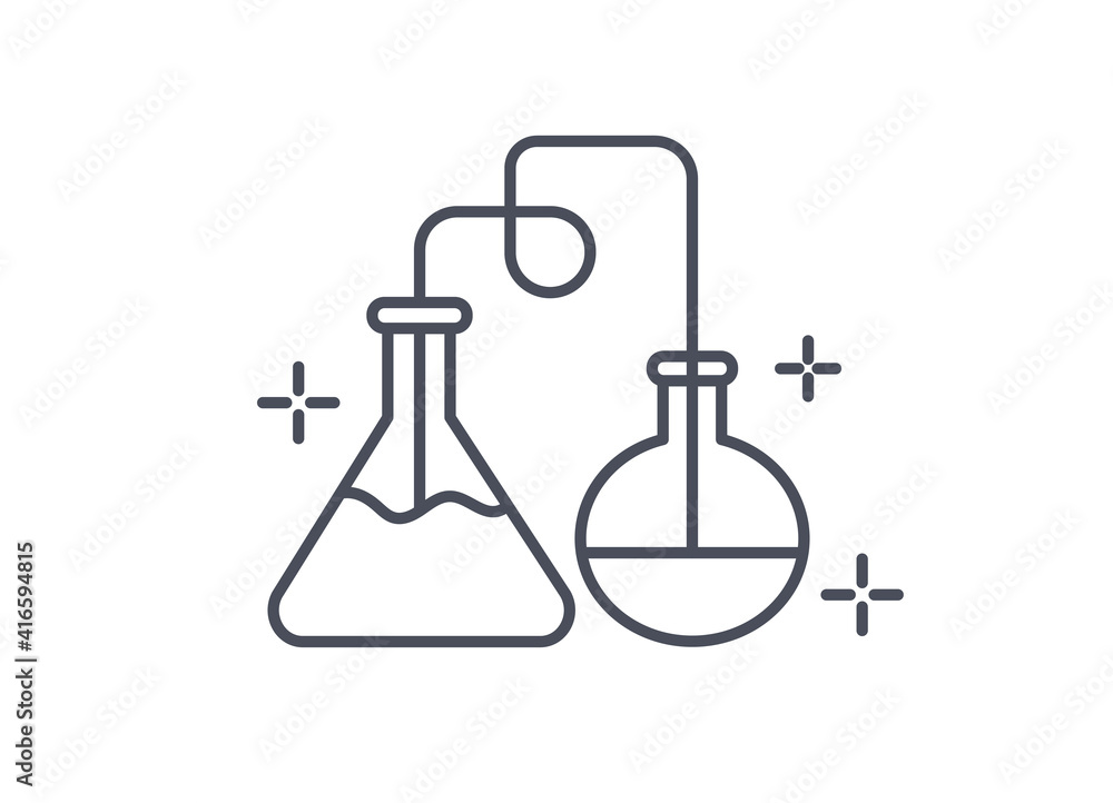 Chemistry icon showing the distillation process of liquids to separate them by heating and condensation, line drawn vector illustration isolated on white backgrond Chemistry icon showing the distillation process of liquids to separate them by heating and condensation, line drawn vector illustration isolated on white backgrond