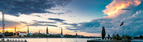 Panoramic view on historical center of old Riga city from the left bank of Daugava river, Latvia, EC, Europe