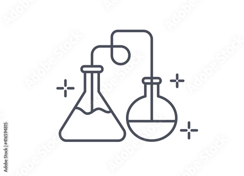 Chemistry icon showing the distillation process of liquids to separate them by heating and condensation, line drawn vector illustration isolated on white backgrond