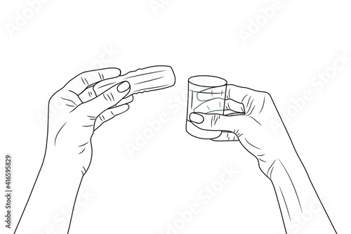 Hands hold a glass of vodka and pickled cucumber. Vector stock illustration eps10. Isolate on white background