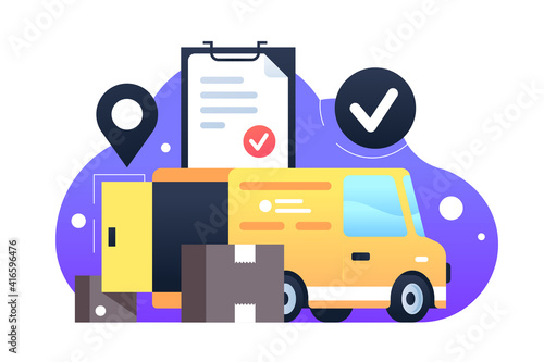 Car delivery with modern moving boxes with success tablet document.