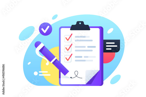 Check list with check boxes and pen signed.